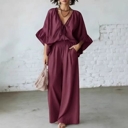 Women's Loose-Fit V-Neck Top & Wide-Leg Pants Two-Piece Set