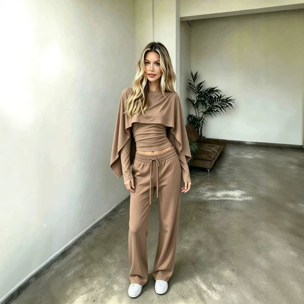 Women's Draped-Cape Illusion Crop Top & Wide-Leg Trouser Set