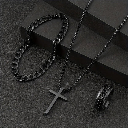 Men's Fashion Watch Ring Necklace Bracelet Set - Stainless Steel Jewelry Collection for Daily Wear