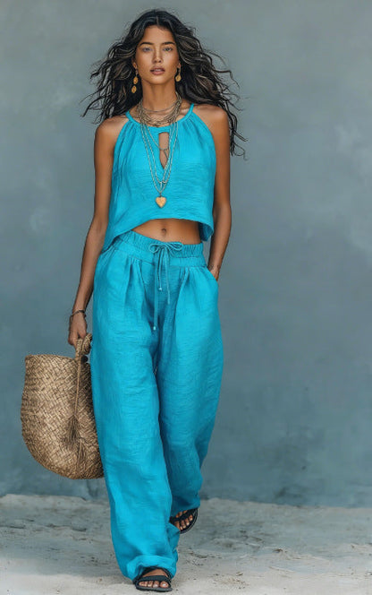 Women's Sleeveless Tank Top & Wide-Leg Pants Set – Linen Blend Summer Two-Piece