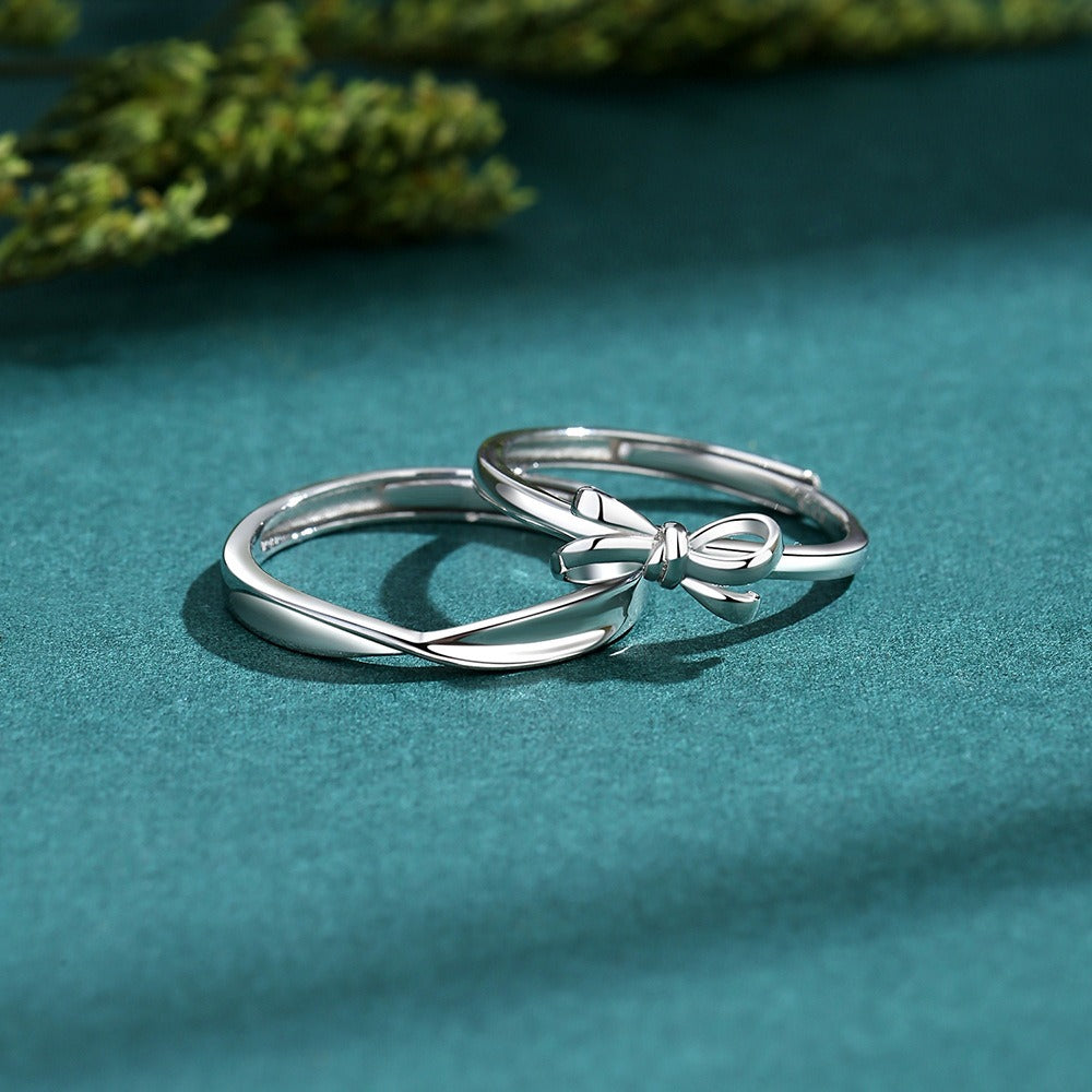 S925 silver heart knot entangled couple bowknot open ring
