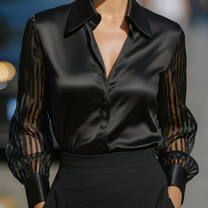 Women’s Satin Lapel Collar Blouse – Sheer Long Sleeve Button-Down Shirt for Office & Spring/Autumn Wear