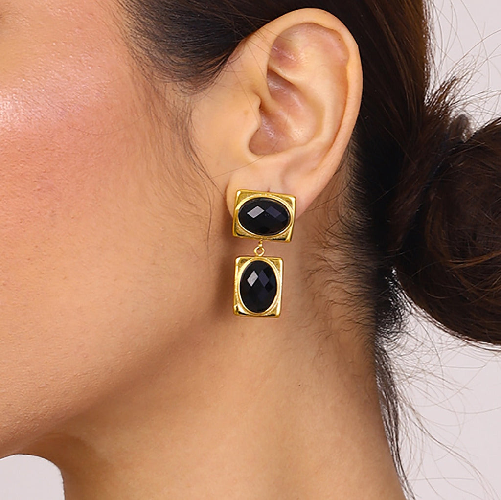 18k gold rectangular inlaid oval gemstone design trendy and unique earrings