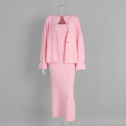 Women's 3-Piece Knit Cardigan, Camisole & Side-Slit Skirt Set
