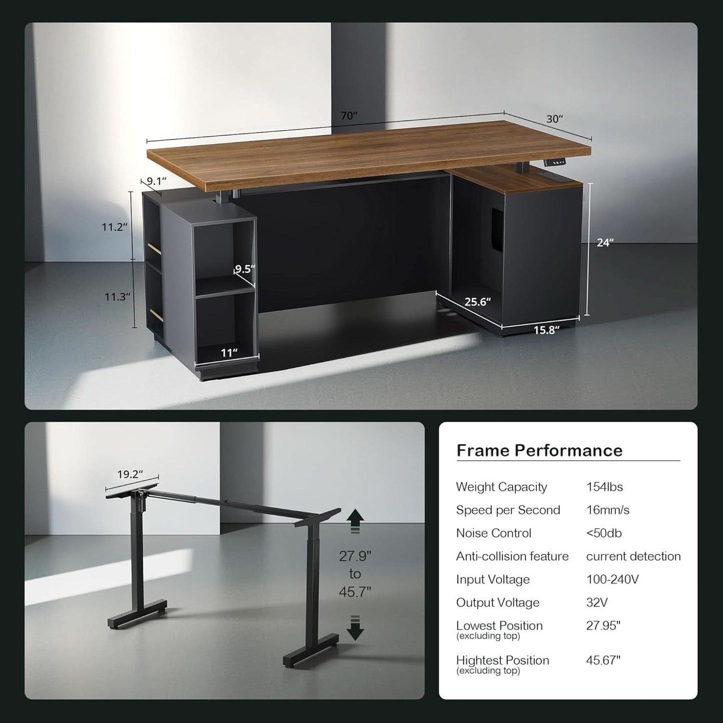 Walnut Seventy OneInch Height Adjustable Standing Desk Cabinets