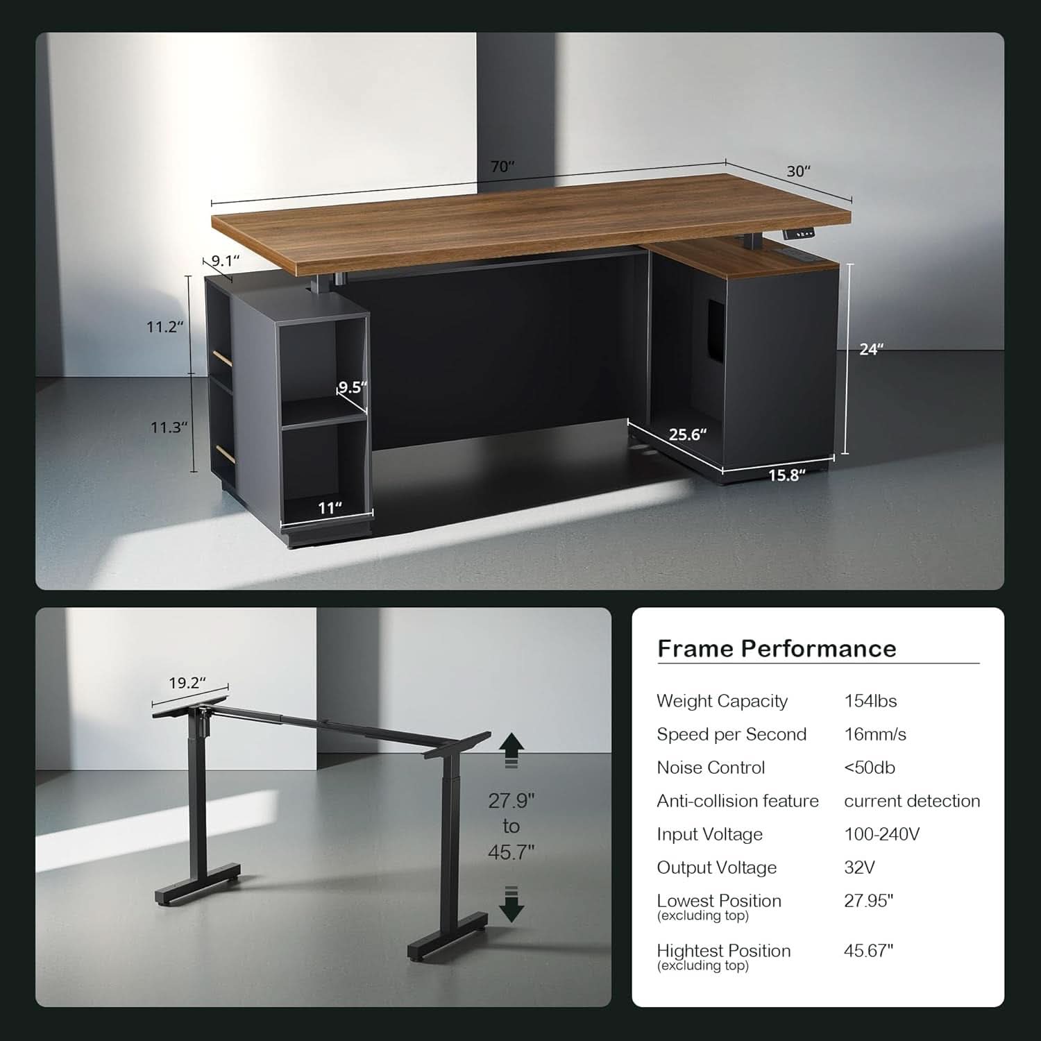 Walnut Seventy OneInch Height Adjustable Standing Desk Cabinets