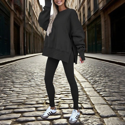 Women’s Solid Color 2-Piece Tracksuit — Crewneck Sweatshirt