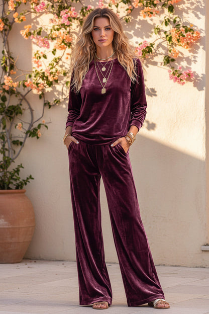 Women's Velvet Two-Piece Lounge Set – Round Neck Top & Wide-Leg Pants