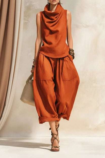 Women's Draped Cowl-Neck Sleeveless Top & Voluminous Balloon Lantern Trouser Set