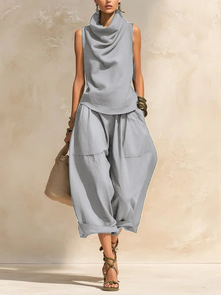 Women's Draped Cowl-Neck Sleeveless Top & Voluminous Balloon Lantern Trouser Set