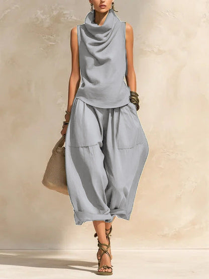 Women's Draped Cowl-Neck Sleeveless Top & Voluminous Balloon Lantern Trouser Set