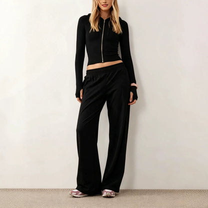 Women's Cropped Zip-Up Hoodie & Wide-Leg Pants Set