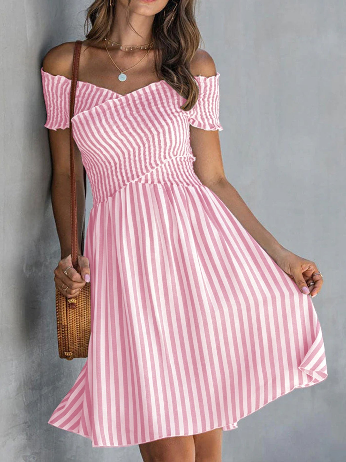 Women's Off-Shoulder Striped Waist-Cinching Midi Dress