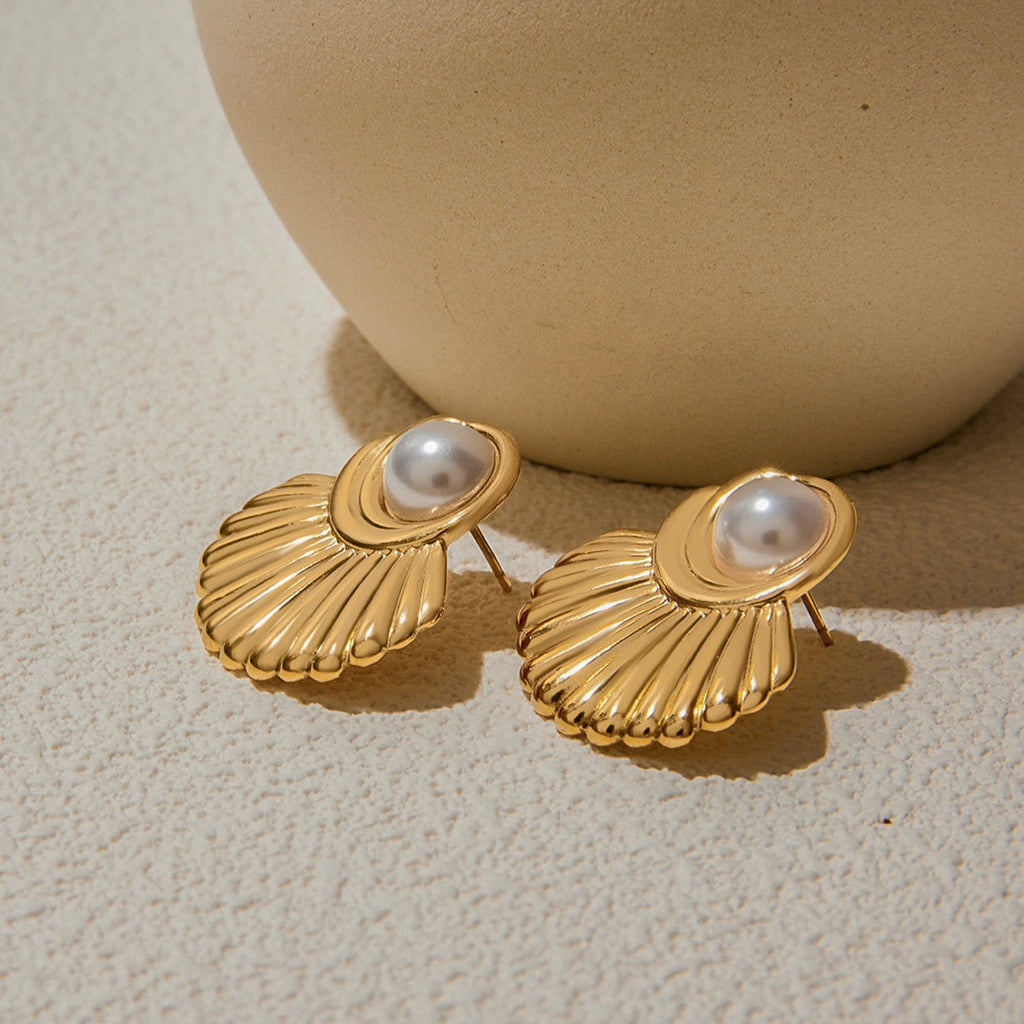 18K gold geometric inlaid pearls exquisite design noble earrings