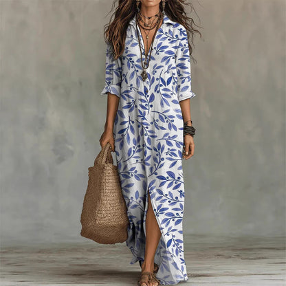 Digital Print Lapel Midi Shirt Dress – 5 Colors, S–3XL