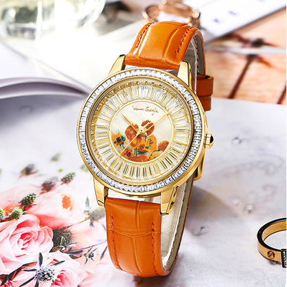 Van Gogh Women's Quartz Watch 3D Printed Oil Painting Dial Full Zirconium Leather Strap Series