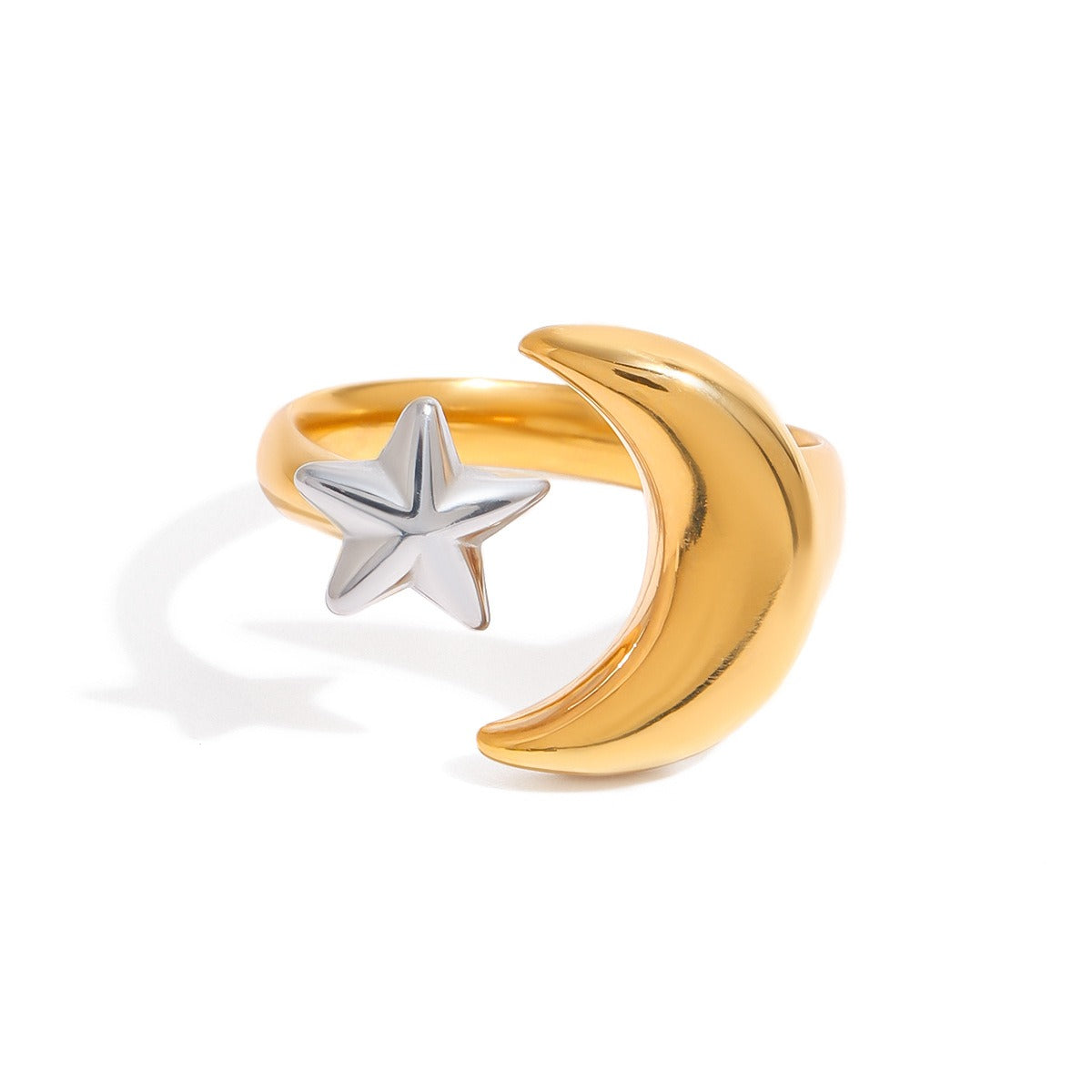 18K gold moon and star with gold and silver color matching design trendy personality open ring