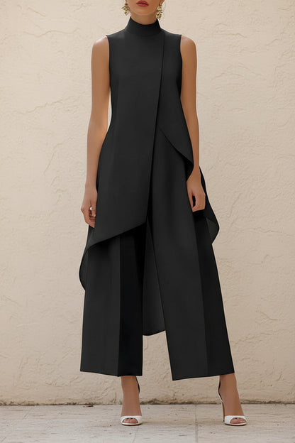 Women's Mock Turtleneck Sleeveless Asymmetric Cascade Drape Longline Top & Wide-Leg Cropped Trouser Set