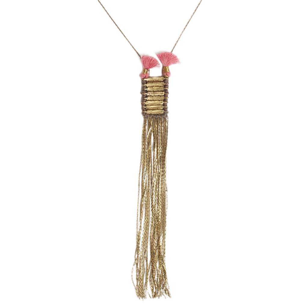 Double Tassel Statement Necklace Cotton Tassel Metal Fringe 32in Chain Handmade