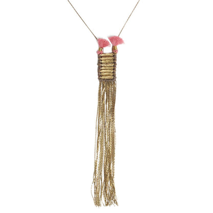 Double Tassel Statement Necklace Cotton Tassel Metal Fringe 32in Chain Handmade