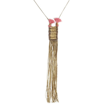 Double Tassel Statement Necklace Cotton Tassel Metal Fringe 32in Chain Handmade