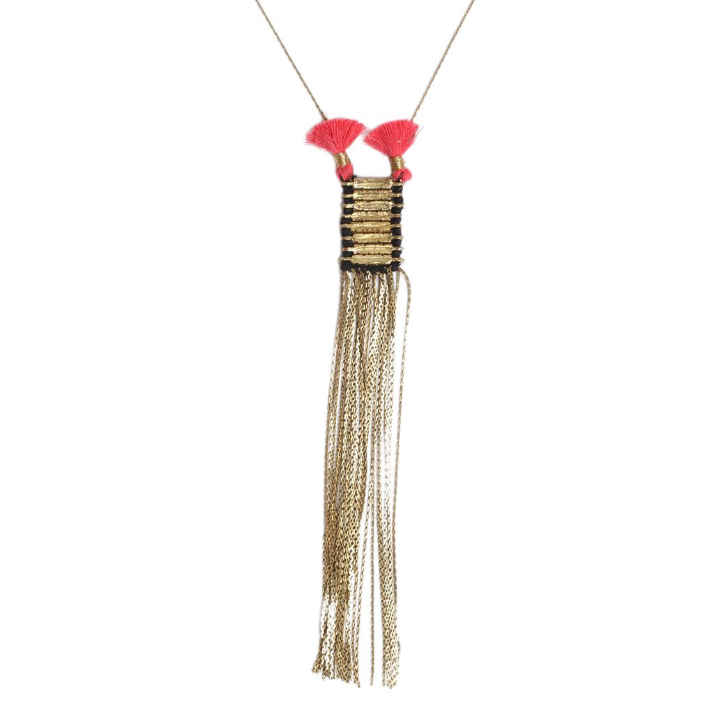 Double Tassel Statement Necklace Cotton Tassel Metal Fringe 32in Chain Handmade