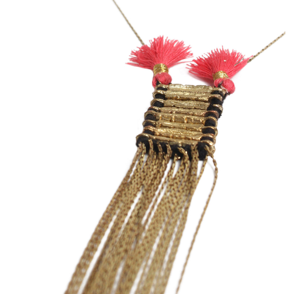 Double Tassel Statement Necklace Cotton Tassel Metal Fringe 32in Chain Handmade