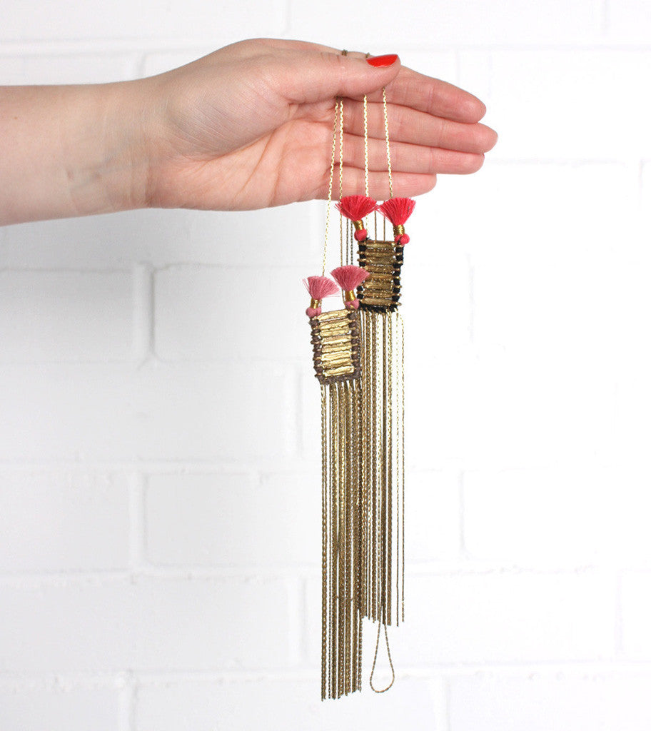 Double Tassel Statement Necklace Cotton Tassel Metal Fringe 32in Chain Handmade