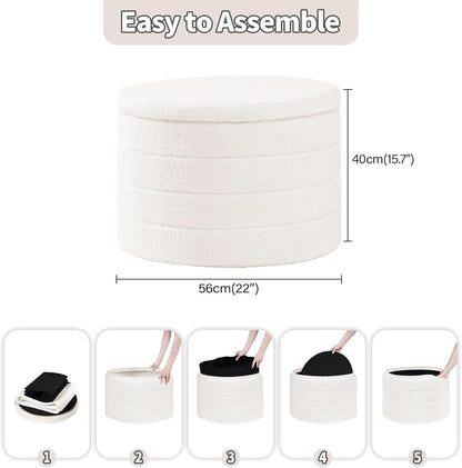 White Round Storage Ottoman Ultra Durable Cozy Elegant