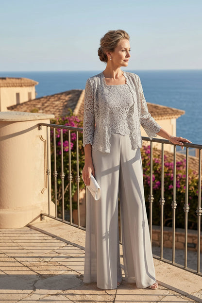 Women's Floral Lace Jacket & Top & Chiffon Wide-Leg Pants Three-Piece Formal Set – 12 Colors US0–14