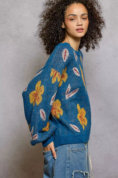POL Floral Pattern Round Neck Balloon-Sleeve Sweater