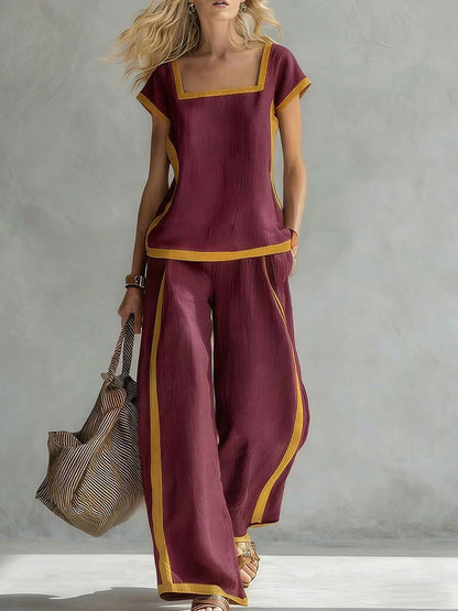 Women’s Square Neck Short Sleeve Two Piece Pants Set