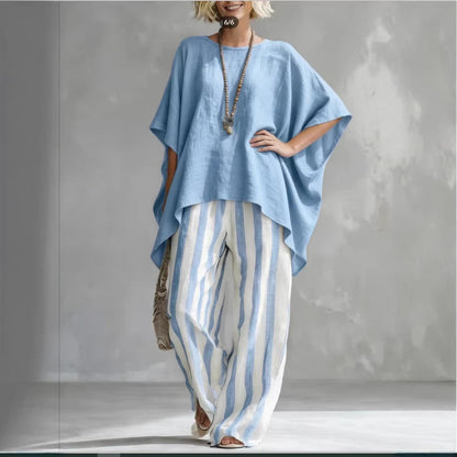 Women's Striped Batwing-Sleeve Loose Linen Two-Piece Set