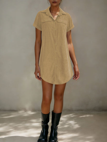 Women’s Retro Casual Corduroy Short Sleeve Shirt Dress