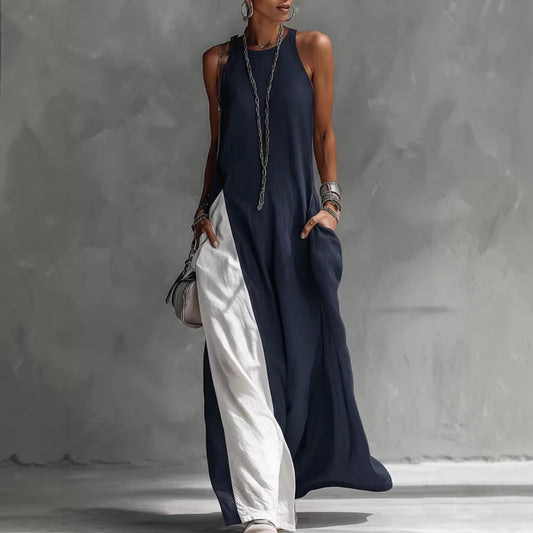 Women's Sleeveless Loose Contrast Color Dress with Pockets