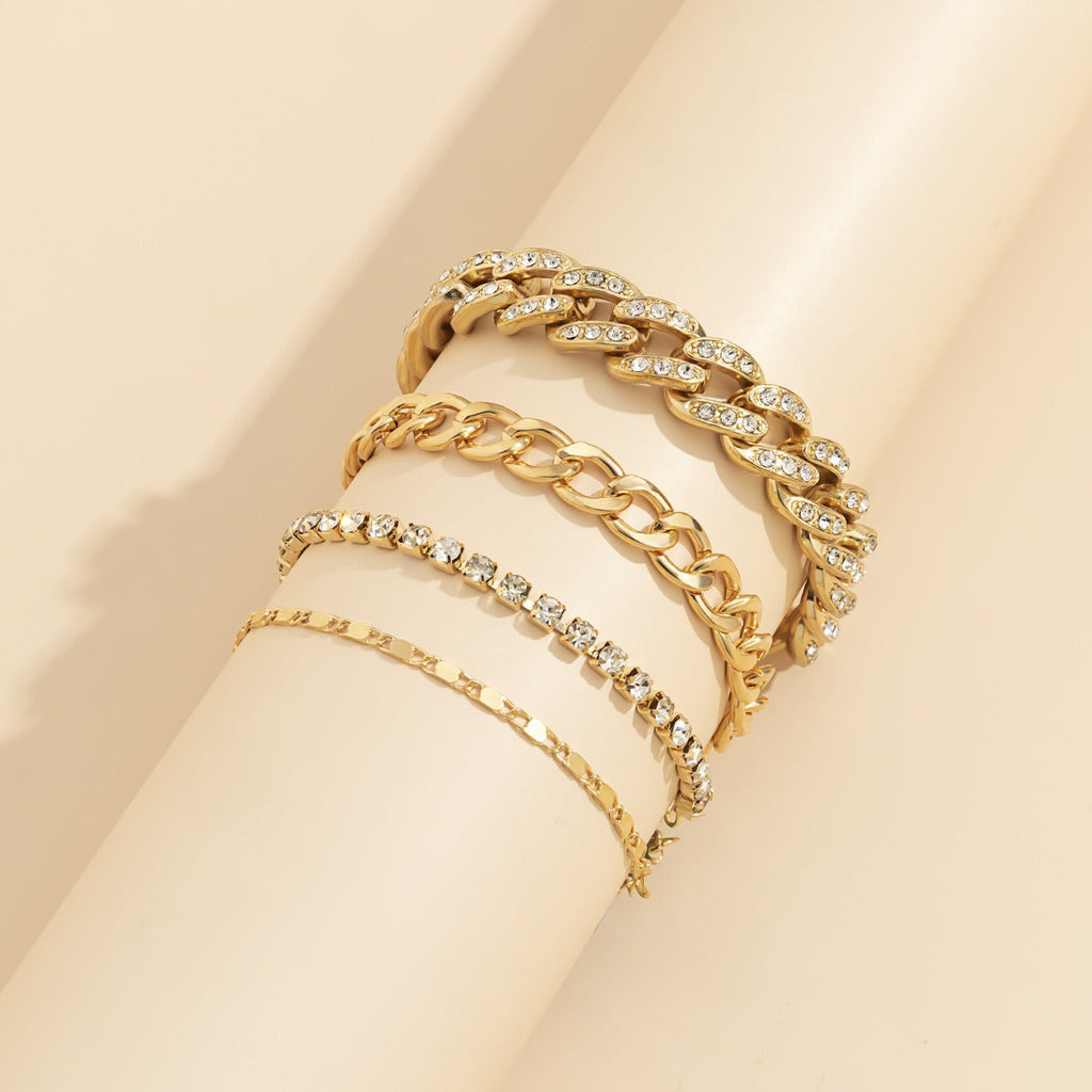Hip-hop retro diamond-studded Cuban chain bracelet set