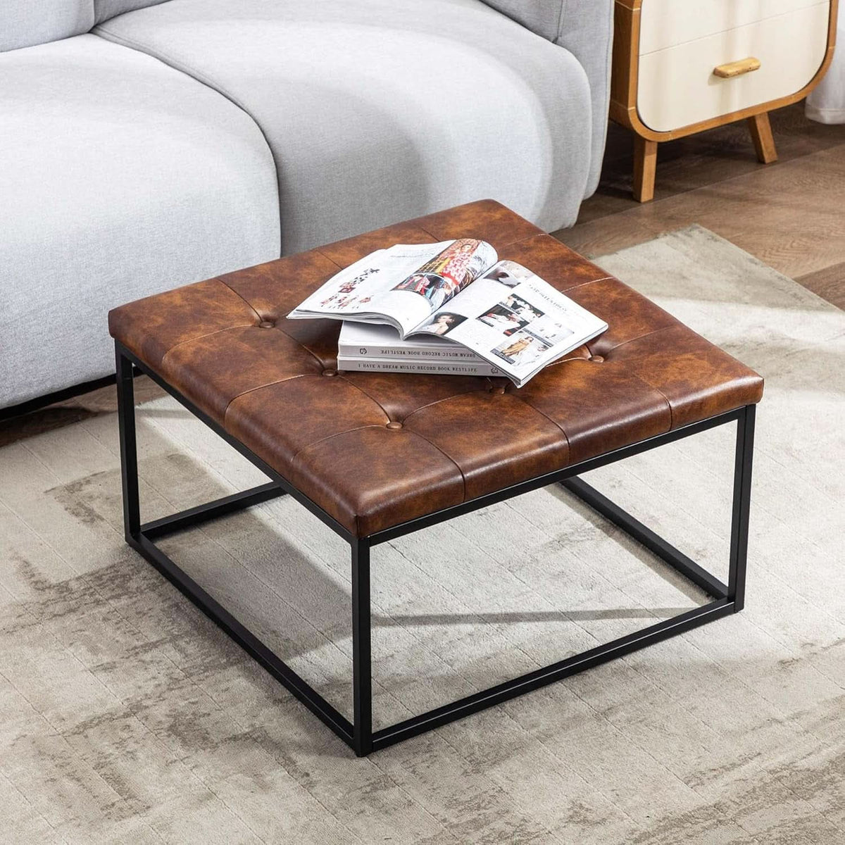 Yellowish-Brown Faux Leather Ottoman Coffee Table Sturdy