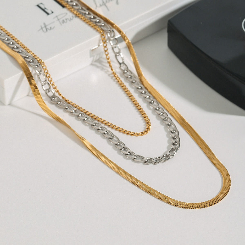 18K gold multi-layer chain with gold and silver color matching design simple personality necklace