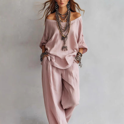 Chiffon Puff-Sleeve Top & Wide-Leg Pants Set – 15 Colors