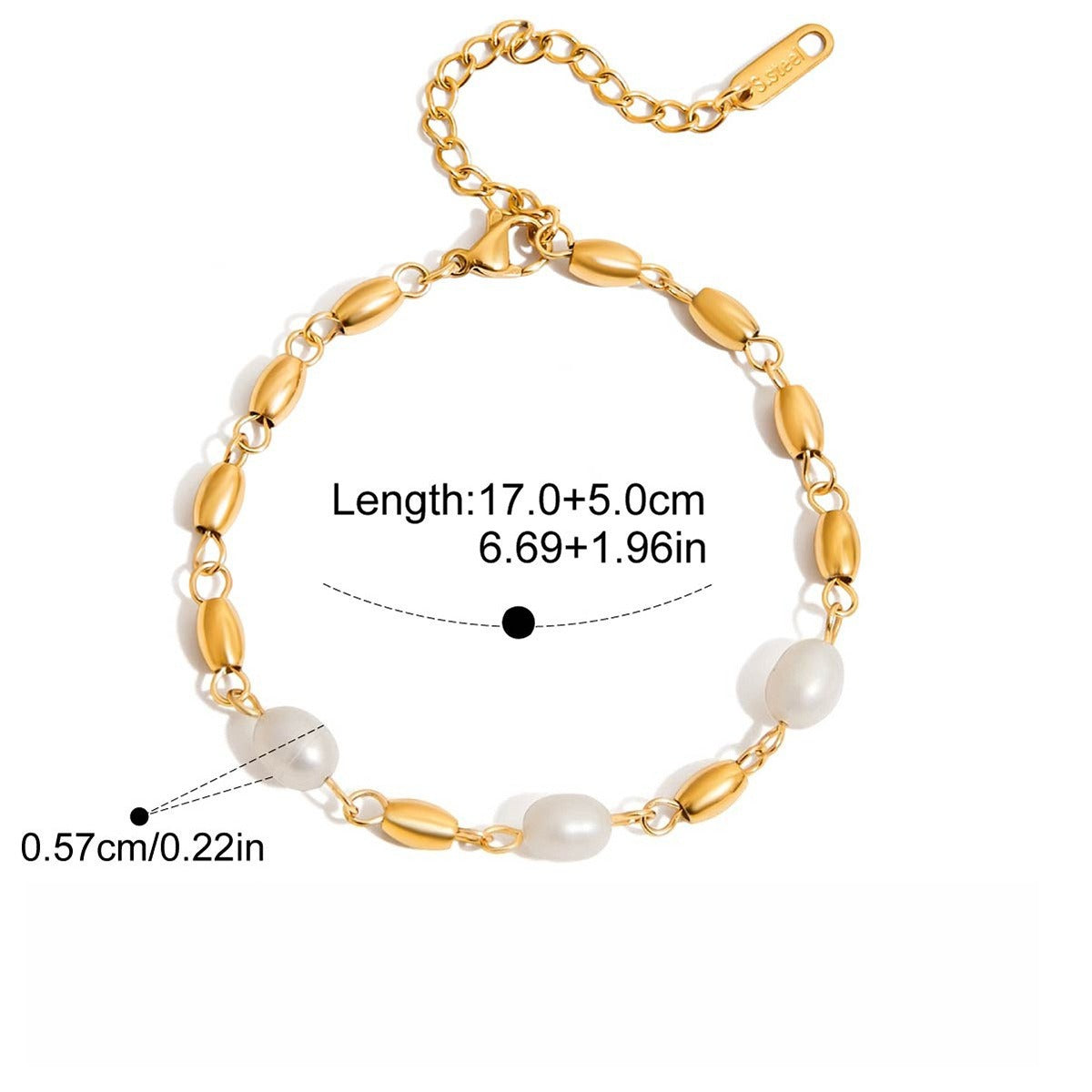 18K gold-plated, lightweight, and luxurious titanium steel bracelet with freshwater pearls.