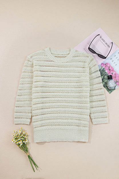 White Hollow Out Knit Round Neck Sweater