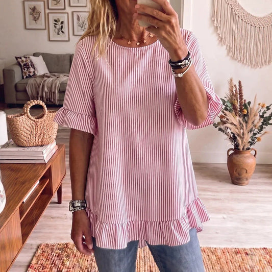 Women's Striped Ruffle-Sleeve Loose-Fit Blouse – Three-Quarter Sleeve