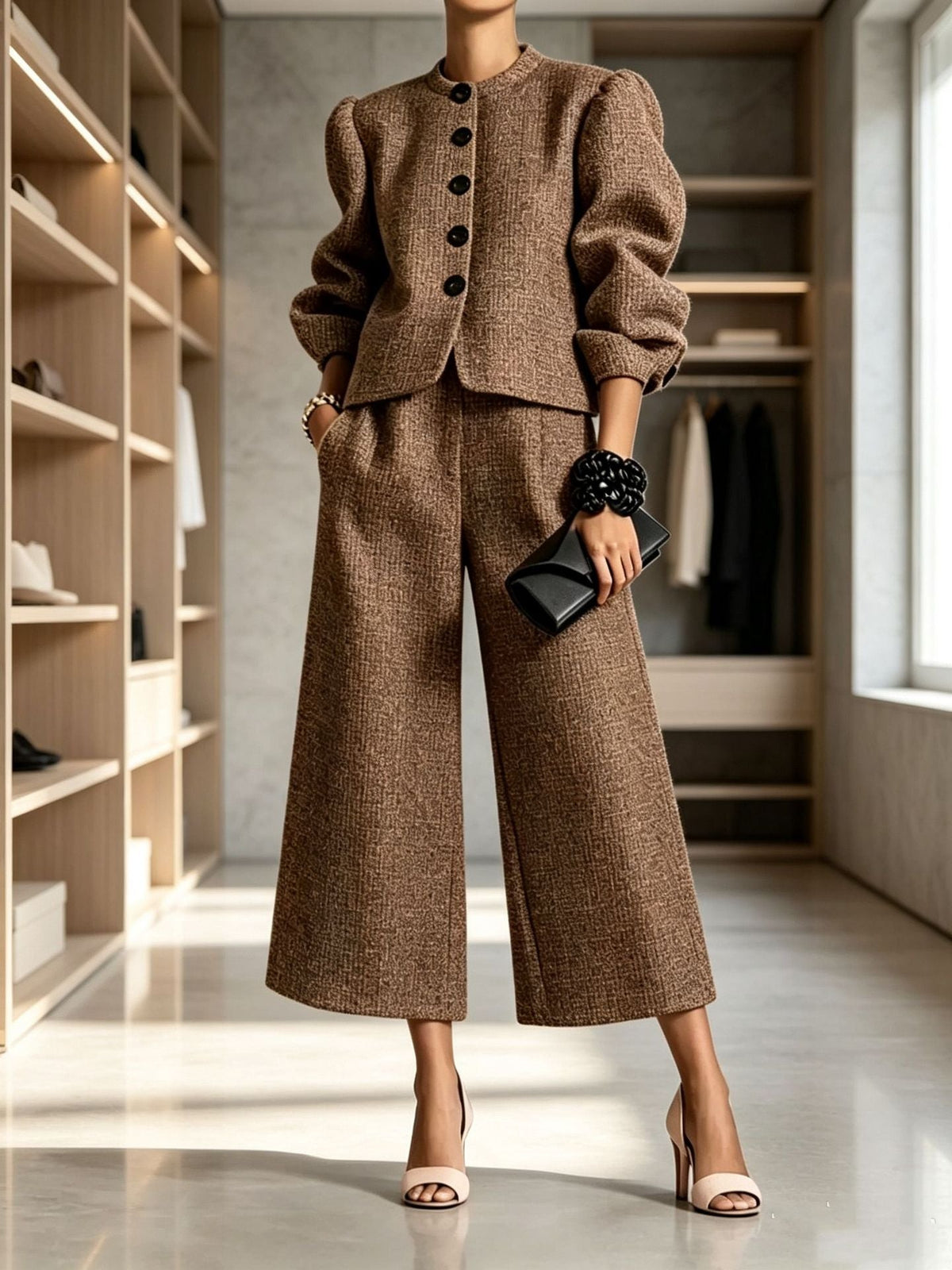 Women's Textured Puff-Sleeve Jacket & Cropped Wide-Leg Pants Set