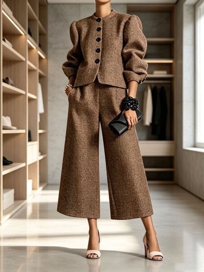 Women's Textured Puff-Sleeve Jacket & Cropped Wide-Leg Pants Set