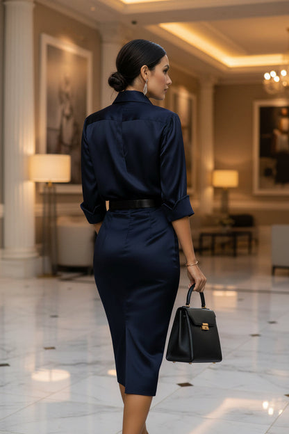 Women's Slim-Fit Lapel Collar Half-Sleeve Midi Dress