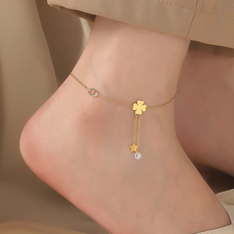 18K Gold Tassel Star Clover Anklet