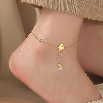 18K Gold Tassel Star Clover Anklet