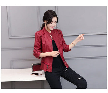 Korean-Style Slim Fit Motorcycle Leather Coat — Stand-Up Collar