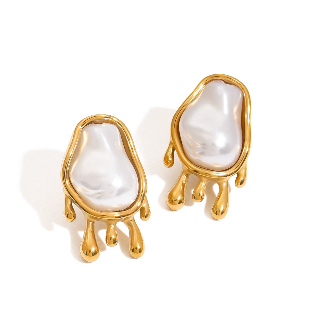 18K gold geometric oval inlaid irregular pearl design exquisite noble earrings