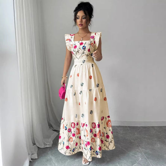 Women’s Puff Sleeve Floral Print Waist-Cinching Dress